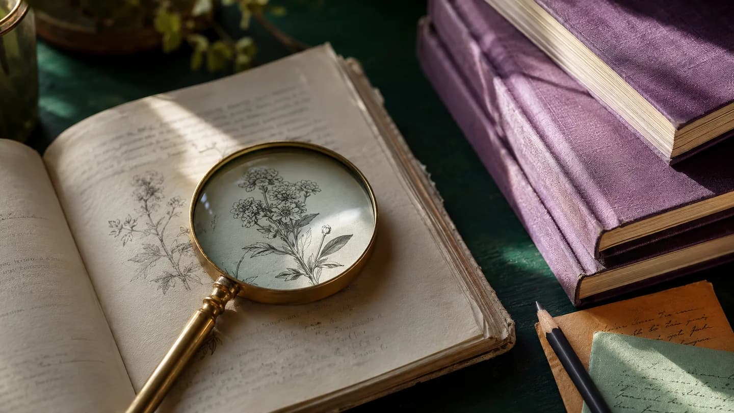 کتاب، ذرهبین برنجی و کارتهای یادداشت روی میز مطالعه