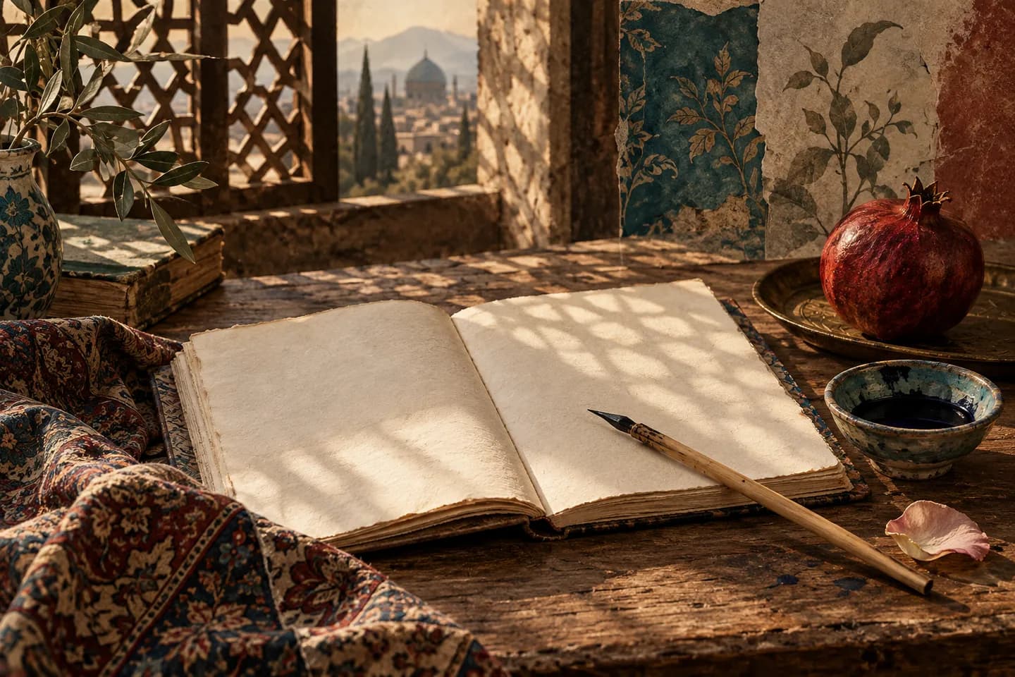تصویرسازی دفتر شعر، قلم نی و انار روی میز